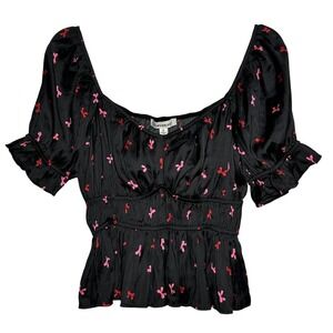 Francescas‎ Black Bow Print Square Neck Smocked Peplum Top Women's Size S